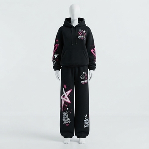 Women's Black Graphic <b>Hoodie</b> Tracksuit Set <b>Pink</b> Heart Star Print Wide Leg Pants Streetwear Two Piece Outfit - Product Image 1