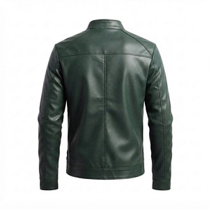 Custom Men's Dark Green Genuine Leather Cafe <b>Racer</b> <b>Jacket</b> Slim Fit Snap Collar Zip Pocket Moto Biker <b>Jacket</b> for Men OEM - Product Image 2