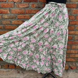 New Arrival Indian Hand Block Printed White Cotton Long Skirt Dress for Women Casual Style Elastic Waistband Breathable Skirt - Product Image 1