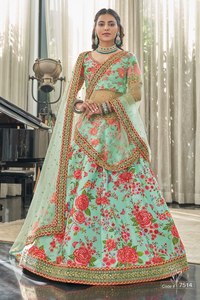 Mint Green Floral Printed Short <b>Top</b> Lehenga Choli Art Silk Semi-Stitched Wedding Outfit with Dupatta for <b>Bride</b> Festival Wear - Product Image 3