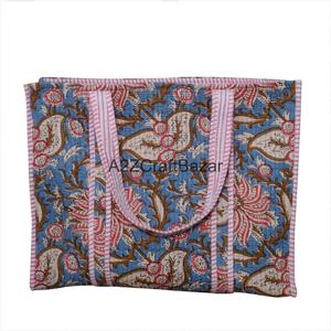 Eco-Friendly Women's 100% Pure Cotton Quilted Tote <b>Bag</b> with <b>Long</b> Handle Large Size Multi-Color Made Rajasthan for Daily Use - Product Image 4