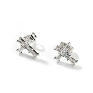 RB Gems Iced Out Curved Cross Stud Earrings 14K White Gold Lab Grown Diamonds Hip Hop Micro Pave Clusters - Product Image 4