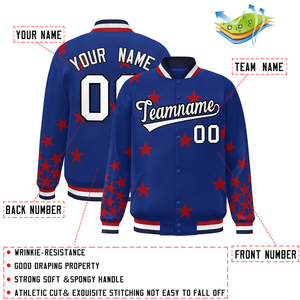 Veste de baseball bleue personnalisée pour homme avec étoiles rouges, nom et numéro personnalisés, impression par transfert thermique, style décontracté d'automne - Product Image 3