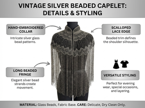 Cape de soirée élégante pour femme, en argent, ornée de perles, brodée, avec longues franges et pompons, idéale pour mariages et événements. - Product Image 6