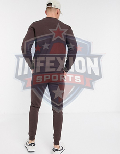 Ensemble de survêtement en coton marron pour homme, col rond, manches longues, couleur unie, pantalon de jogging décontracté, respirant, poids moyen, pour l'automne - Product Image 3
