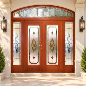 Puerta de madera residencial personalizada de doble entrada con paneles de vidrio tintado y travesaño arqueado para uso exterior GA-52 - Product Image 5