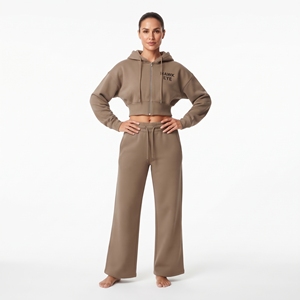 Women Two Piece Set <b>Crop</b> Top Hoodie Full Zip Drop Shoulder Cotton Fleece Wide Leg <b>Jogger</b> Casual Wear Tracksuit - Product Image 6