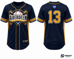 Maillot de baseball SINEWY SPORTS pour homme, manches courtes, bleu marine et or, sublimé, anti-transpiration, coupe classique, adulte - Product Image 1