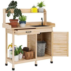 Banco da Giardinaggio in Legno Naturale con Armadietto, Lavello, Rubinetto e Ganci - Product Image 1