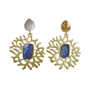 Pendientes colgantes hechos a mano de lapislázuli con madreperla, chapados en oro - Product Image 6