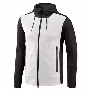 Men's Hooded <b>Zip</b>-<b>Up</b> Jacket Color Blocked Black <b>White</b> Knitted Polyester Breathable Autumn Wear - Product Image 1