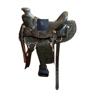Black Leather Western Big Horn Horse Saddle Floral Hand Carved Padded Seat Latigo Straps 10"-18" Plastic Stainless Steel - Product Image 1