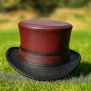Premium quality custom made Handmade Burgundy Black Leather <b>Steampunk</b> Top <b>Hat</b> Gothic Victorian Festival Cosplay <b>Hat</b> - Product Image 1