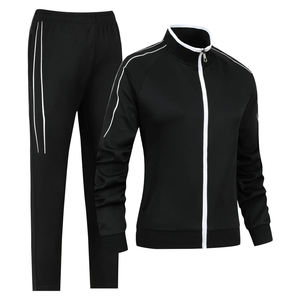 Women's Black Tracksuit Set Full Zip <b>Jacket</b> With White Stripe Side Pockets Jogger Pants Sporty Casual Autumn Wear - Product Image 2