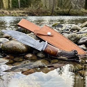 Cuchillo de Caza y Camping de Acero de Damasco OEM Personalizado con Hoja Fija, Mango de Cuerno de Ciervo y Funda de Cuero, Suministro B2B al por Mayor - Product Image 3