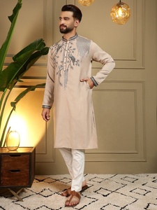 <b>Men</b> Beige Embroidered <b>Kurta</b> Pajama Set Regular Fit Traditional Wear Indian Pakistani Knee-Length Casual Wear - Product Image 2