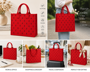 Sac fourre-tout moyen en jute rouge laminé à motif feuilles, écologique, réutilisable, durable, pour usage quotidien, vente en gros, plage, courses, exposition - Product Image 5