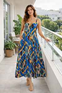เดรสทรงเอไลน์ยาวปานกลางสำหรับผู้หญิง ลายพิมพ์อิกัต สายเดี่ยว ไร้แขน ผ้าฝ้าย 100% ระบายอากาศได้ดี สีน้ำเงิน สไตล์ลำลอง ติดกระดุม เรียบง่าย - Product Image 3