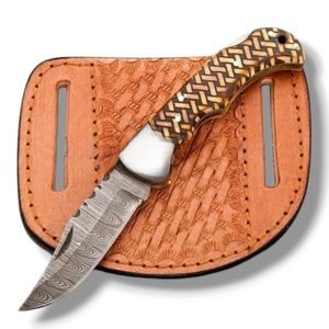 Couteaux pliants portables en acier Damas avec étui en cuir, couteaux de poche EDC compacts pour la chasse, le camping, la randonnée et la survie en extérieur - Product Image 1