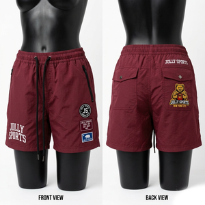 Shorts coupe-vent en nylon Taslon 120 GSM, couleur bordeaux, légers, résistants à l'eau, avec broderie personnalisée et logo imprimé, pour femmes. - Product Image 6