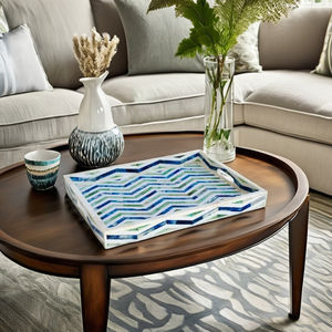 Plateau de service rectangulaire en bois d'acacia multicolore avec incrustations d'os, design personnalisé en gros, poignées découpées pour hôtel - Product Image 1