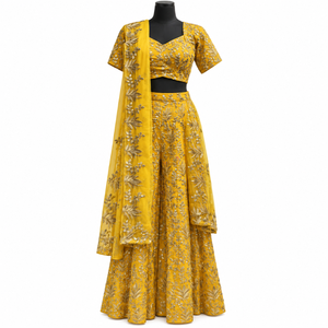 Designer Georgette Lehenga Choli in Mustard Gold with Zari Thread Work | Floral Embroidered Wedding Party Set with <b>Net</b> <b>Dupatta</b> - Product Image 1