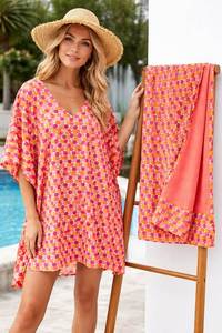 Robe kaftan mini en coton écologique à imprimé floral bohème, col en V, manches chauve-souris, franges, avec paréo de plage - Product Image 2