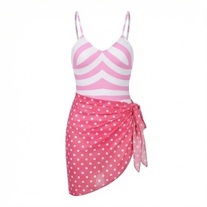 Traje de baño a rayas rosas con falda cruzada de lunares, escote halter cruzado, ropa de playa para mujer, diseño asimétrico de una pieza - Product Image 1