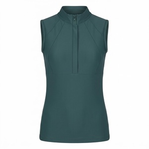 High Quality <b>Women's</b> Sleeveless Zip Up Top Solid <b>Pink</b> Mock Neck Horse Riding Shirt - Product Image 3