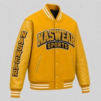 Veste varsity jaune pour homme, manches en cuir, logo brodé, style preppy, vêtement d'automne, patchs en chenille.