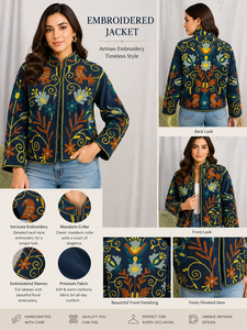 Hand Embroidered Velvet <b>Jacket</b> With Mandarin Collar Full Sleeve Floral <b>Pattern</b> Winter Style <b>Quilted</b> Design - Product Image 3