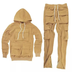 Ensemble de survêtement jaune pour homme avec sweat à capuche et pantalon cargo, deux pièces, style streetwear décontracté, en molleton polaire - Product Image 4