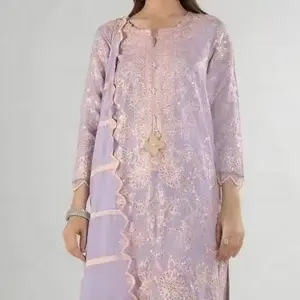 Nieuwkomer Katoenen Stof Pastel Paars Designer Geweven Viscose Organza Salwar Pak Met Borduurwerk Voor Dames