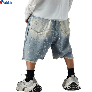 Pantalones Cortos de Mezclilla Tejida Estilo Hip Hop Casual de Verano con Lavado Vintage, Estampado Completo y Pedrería, Fabricación Personalizada, Pierna Recta para Hombre - Product Image 2