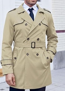 Vêtements pour hommes, manteau long surdimensionné à double boutonnage, trench-coat long avec ceinture, coupe-vent en mélange de coton, vêtements d'extérieur respirants - Product Image 5