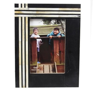 Modern Resin Photo <b>Frame</b> Rectangular Tabletop Vertical Handmade Black with Cream Stripes - Product Image 2