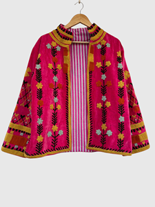 Floral Embroidered Velvet Jacket Mandarin Collar Full Sleeve Plus Size Women'<b>s</b> Autumn Wear - Product Image 3
