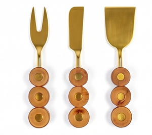 Elegante juego de cuchillos para queso y mantequilla de acero inoxidable dorado con mangos redondos de madera, cubiertos perfectos para uso doméstico y en la cocina. - Product Image 1