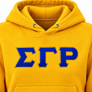Sweat à capuche Sigma Gamma Rho jaune doré avec motif de lettres grecques en relief bleu roi sur la poitrine, poignets côtelés et poche kangourou - Product Image 6