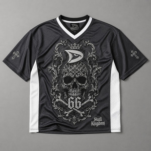 Custom Logo <b>Y2K</b> Mesh Sports Jersey Mens Dark Charcoal Gothic Skull Printed Oversized Athletic Streetwear Short Plus Size - Product Image 1