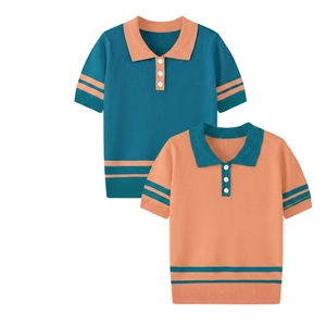 Women's Color Blocking Knitted <b>Pullover</b> <b>Sweater</b> Short Sleeve Turn-down Collar Button Closure Preppy Style Orange Purple - Product Image 2