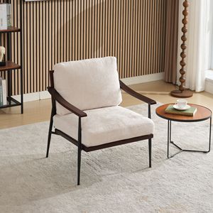 Poltrona Moderna in Tessuto di Lino con Braccioli in Legno, Stile Mid-Century, Sedia Imbottita per Soggiorno - Product Image 1