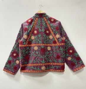 Hand Embroidered Suzani Velvet Bomber Jacket Stand Collar Full Sleeve Floral Pattern All Seasons Women's Wool Blend - Product Image 6