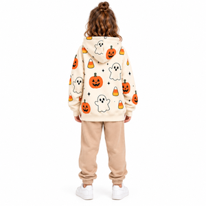 Sudadera con capucha de invierno para niñas, color crema, con estampado de fantasma, calabaza y dulces de Halloween, de forro polar, con bolsillo canguro, de secado rápido - Product Image 6