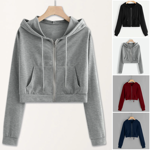Women's Gray Cropped Hoodie Zip-Up Sweatshirt Long Sleeve Solid Color Breathable Knitted Hooded <b>Top</b> Autumn Wear - Product Image 6