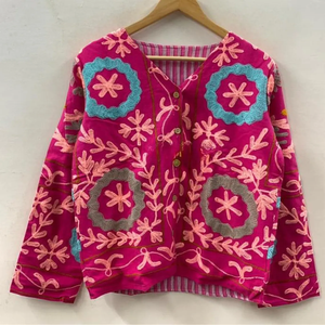 Ethnic Style Winter Jacket <b>Velvet</b> Suzani Embroidered Festival Coat Uzbek Duster Floral Outerwear Cotton Filled Cotton JACKET - Product Image 1