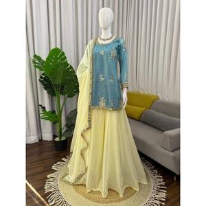 Ensemble haut, pantalon palazzo et dupatta en coton, design moderne, tenue ethnique élégante pour femmes, pour mariage, fête, festival, vêtements traditionnels - Product Image 3