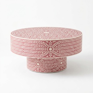 Mesa de Centro de Lujo con Incrustaciones de Hueso Rosa, Mesa Redonda de Resina Hecha a Mano, Mesa de Pedestal Moderna para Sala de Estar - Product Image 1