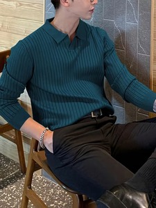 Polo de Punto Acanalado de Manga Larga para Hombre, Alta Elasticidad, Corte Ajustado, Color Sólido, Cuello con Solapa sin Botones, Texturizado, Ropa Casual para Hombre - Product Image 3
