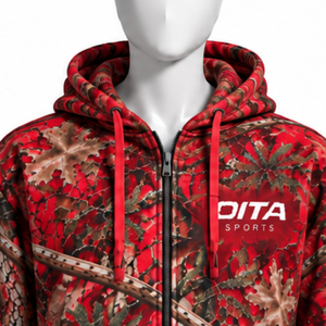 Red Nature Print Full <b>Zip</b> Hoodie <b>Mens</b> Outdoor Hooded Sweatshirt with Drawstring Kangaroo Pockets Casual Winter Streetwear <b>Top</b> - Product Image 3